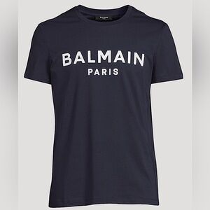 BALMAIN Logo T-Shirt in White and Navy Blue NWT